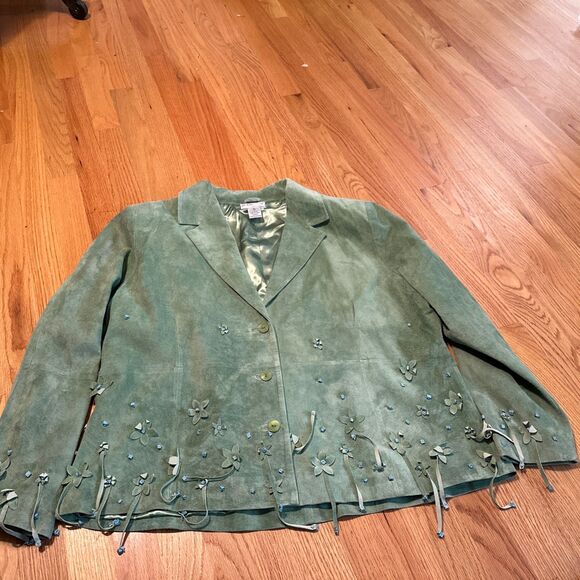 Victor Costa Sz 1X Suede Leather Green Coat Jacket Turquoise Stones FRINGE - Picture 1 of 10
